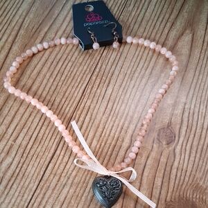 Paparazzi Peach Beaded Heart Necklace Set